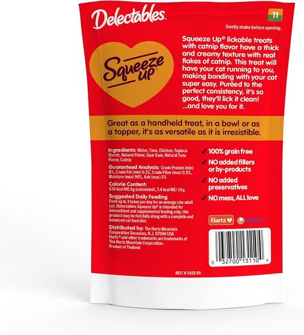 Hartz Delectables Squeeze Up Interactive Lickable Wet Cat Treats for Adult & Senior Cats, Chicken with Catnip, 32 Count in Saudi Arabia