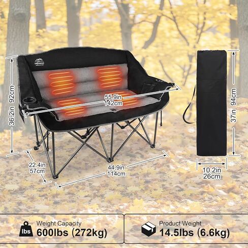 Fully Padded Folding Double Camping Chairs,Comfy Oversized Loveseat Lawn Chair w/Wine Glass Holder,Cup Holder,Heavy Duty Outdoor Portable Camp Couch Support 600 Lbs,Dark Green in Saudi Arabia