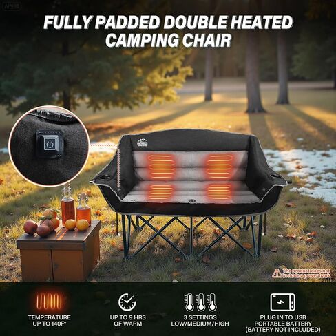 Fully Padded Folding Double Camping Chairs,Comfy Oversized Loveseat Lawn Chair w/Wine Glass Holder,Cup Holder,Heavy Duty Outdoor Portable Camp Couch Support 600 Lbs,Dark Green in Saudi Arabia