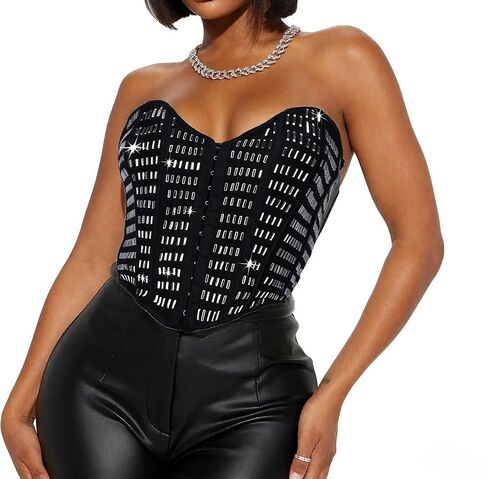 C'SHIN EXX Women’s Rhinestone Corset Top Sparkly Sequin Corset Crop Top with Lace Up Back Bling Bustier for Club & Party in Saudi Arabia