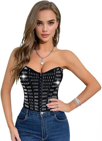 C'SHIN EXX Women’s Rhinestone Corset Top Sparkly Sequin Corset Crop Top with Lace Up Back Bling Bustier for Club & Party in Saudi Arabia