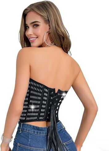 C'SHIN EXX Women’s Rhinestone Corset Top Sparkly Sequin Corset Crop Top with Lace Up Back Bling Bustier for Club & Party in Saudi Arabia