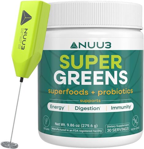 NUU3 Super Greens Superfoods + Probiotics - Immune Support, Improved Energy & Gut Health Digestive Enzymes - Boosts Immunity - Frother Included - 30 Servings (Unflavored) in Saudi Arabia