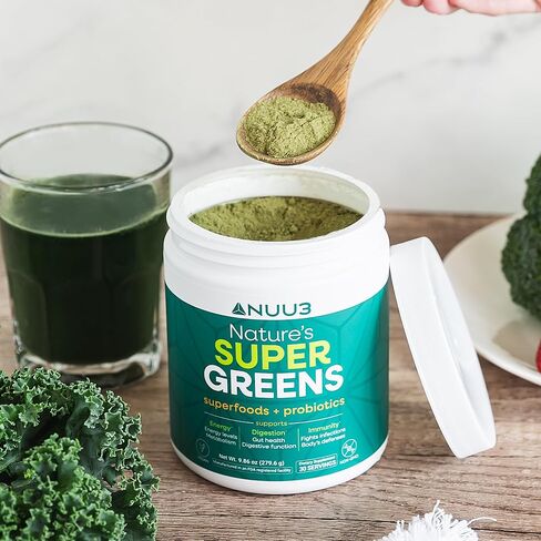 NUU3 Super Greens Superfoods + Probiotics - Immune Support, Improved Energy & Gut Health Digestive Enzymes - Boosts Immunity - Frother Included - 30 Servings (Unflavored) in Saudi Arabia