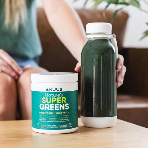 NUU3 Super Greens Superfoods + Probiotics - Immune Support, Improved Energy & Gut Health Digestive Enzymes - Boosts Immunity - Frother Included - 30 Servings (Unflavored) in Saudi Arabia