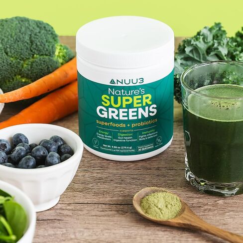 NUU3 Super Greens Superfoods + Probiotics - Immune Support, Improved Energy & Gut Health Digestive Enzymes - Boosts Immunity - Frother Included - 30 Servings (Unflavored) in Saudi Arabia