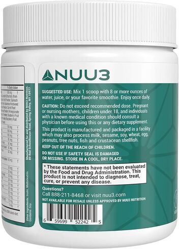 NUU3 Super Greens Superfoods + Probiotics - Immune Support, Improved Energy & Gut Health Digestive Enzymes - Boosts Immunity - Frother Included - 30 Servings (Unflavored) in Saudi Arabia