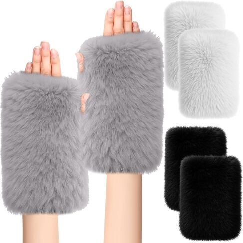 3 Pcs Women Fingerless Faux Fur Gloves Plush Furry Mittens Soft Fluffy Winter Half Finger Arm Warmer Cold Weather in Kuwait