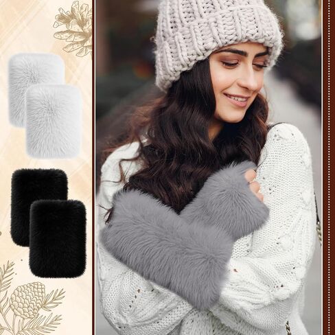3 Pcs Women Fingerless Faux Fur Gloves Plush Furry Mittens Soft Fluffy Winter Half Finger Arm Warmer Cold Weather in Kuwait