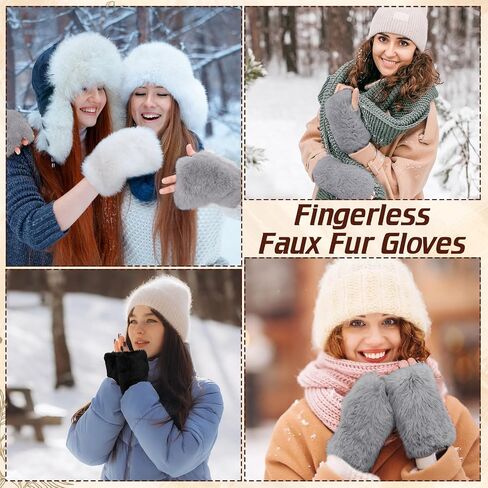 3 Pcs Women Fingerless Faux Fur Gloves Plush Furry Mittens Soft Fluffy Winter Half Finger Arm Warmer Cold Weather in Kuwait