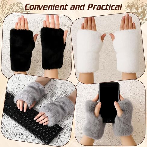3 Pcs Women Fingerless Faux Fur Gloves Plush Furry Mittens Soft Fluffy Winter Half Finger Arm Warmer Cold Weather in Kuwait