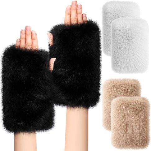 3 Pcs Women Fingerless Faux Fur Gloves Plush Furry Mittens Soft Fluffy Winter Half Finger Arm Warmer Cold Weather in Kuwait