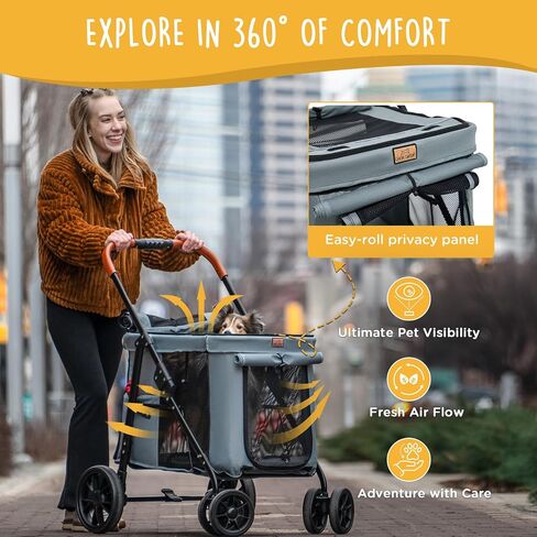 4 Wheels Pet Stroller for Small/Medium Dogs- One Button Fold, Adjustable Mesh Windows and Shades, 360° Swivel Front Wheels and Rear Wheel Brake in Saudi Arabia