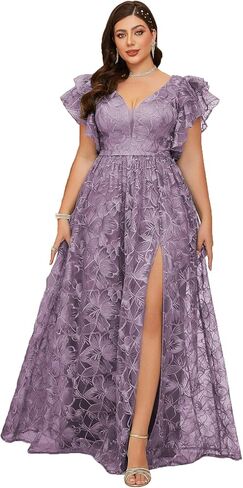 نساء زائد الحجم الخامس رقبة الأكمام مزدحمة الدانتيل الدانتيل فستان ماكسي مع ثوب مسائي عالي الشق لحفلات الزفاف in Kuwait