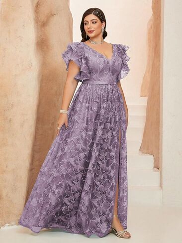 نساء زائد الحجم الخامس رقبة الأكمام مزدحمة الدانتيل الدانتيل فستان ماكسي مع ثوب مسائي عالي الشق لحفلات الزفاف in Kuwait