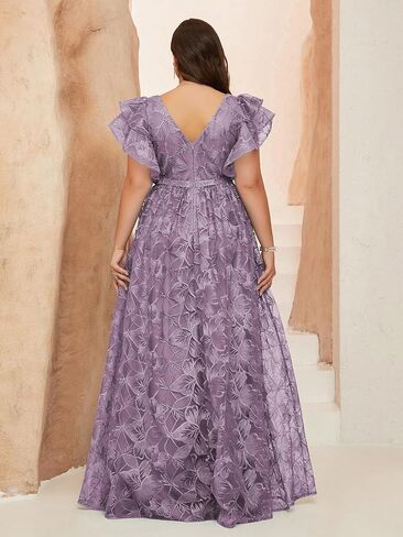 نساء زائد الحجم الخامس رقبة الأكمام مزدحمة الدانتيل الدانتيل فستان ماكسي مع ثوب مسائي عالي الشق لحفلات الزفاف in Kuwait