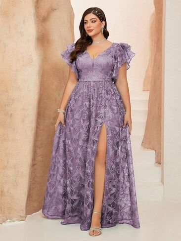 نساء زائد الحجم الخامس رقبة الأكمام مزدحمة الدانتيل الدانتيل فستان ماكسي مع ثوب مسائي عالي الشق لحفلات الزفاف in Kuwait