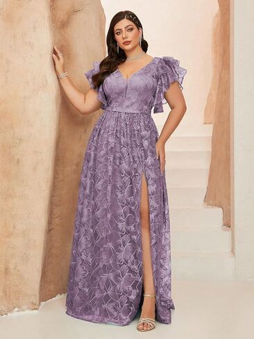 نساء زائد الحجم الخامس رقبة الأكمام مزدحمة الدانتيل الدانتيل فستان ماكسي مع ثوب مسائي عالي الشق لحفلات الزفاف in Kuwait