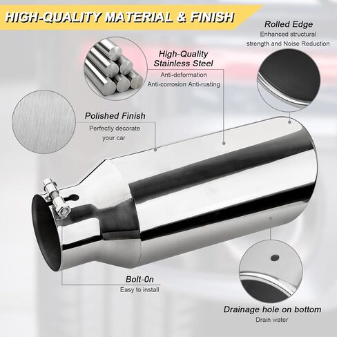 4 inch Inlet Exhaust Tip, 6" Outlet 15" Overall Length Stainless Steel Exhaust Tail Pipe, Bolt-On, Rolled Edge, Slant Sleek Angle Cut, Polished Tailpipe, Silvery in Saudi Arabia
