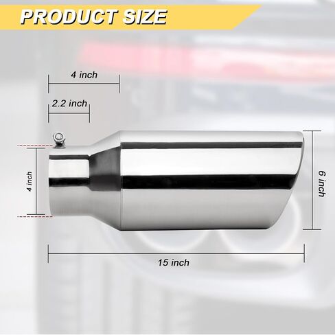 4 inch Inlet Exhaust Tip, 6" Outlet 15" Overall Length Stainless Steel Exhaust Tail Pipe, Bolt-On, Rolled Edge, Slant Sleek Angle Cut, Polished Tailpipe, Silvery in Saudi Arabia