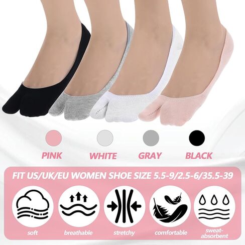 4 Pairs Flip Flop Socks, 4 Colors Tabi Socks, Low Cut Flop Sock, Japanese Toes Separated Sock for Flip-Flop and Geta, Non Slip No Show Stocking for Women and Men (Black, White, Gray, Flesh-Pink) in Saudi Arabia