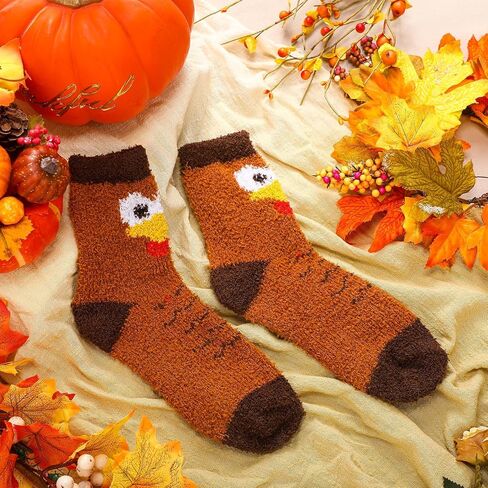 Thanksgiving Turkey Fuzzy Socks Fluffy Cozy Slipper Socks Women's Coral Fleece Stocking Fall Thanksgiving Autumn Gifts Brown One Size in Saudi Arabia