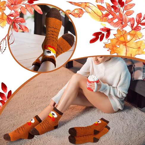 Thanksgiving Turkey Fuzzy Socks Fluffy Cozy Slipper Socks Women's Coral Fleece Stocking Fall Thanksgiving Autumn Gifts Brown One Size in Saudi Arabia