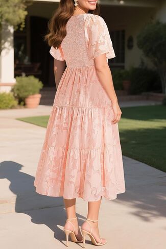 Pinup Fashion Plus Size Summer Casual V Neck Flutter Sleeve Floral Lace Smocked Flowy Tiered Midi Dresses 2024 in Saudi Arabia