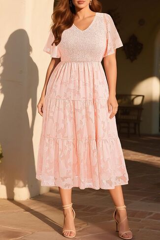 Pinup Fashion Plus Size Summer Casual V Neck Flutter Sleeve Floral Lace Smocked Flowy Tiered Midi Dresses 2024 in Saudi Arabia