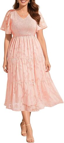 Pinup Fashion Plus Size Summer Casual V Neck Flutter Sleeve Floral Lace Smocked Flowy Tiered Midi Dresses 2024 in Saudi Arabia