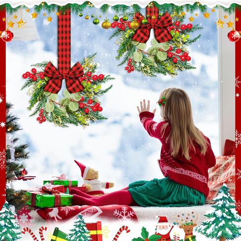 4pcs Small Christmas Wreath, 12.6 Inch Mini Cabinet Wreaths for Kitchen, Christmas Kitchen Decor with Ribbon Bows Red Berry Window Wreath for for Xmas Porch Wall Door Decor in Saudi Arabia