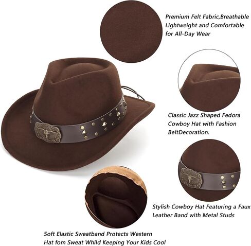 Kids Western Cowboy Hat for Boys Girls - Felt Fedora-Jazz-Hat for Kids 2-6Years in Kuwait