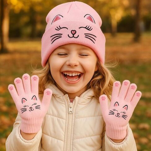 Kids Knit Beanies with Gloves, Boys Girls Embroidery Cat Hat Tractor Beanie Winter Caps for 3-8 Years in Saudi Arabia