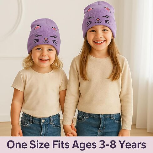 Kids Knit Beanies with Gloves, Boys Girls Embroidery Cat Hat Tractor Beanie Winter Caps for 3-8 Years in Saudi Arabia