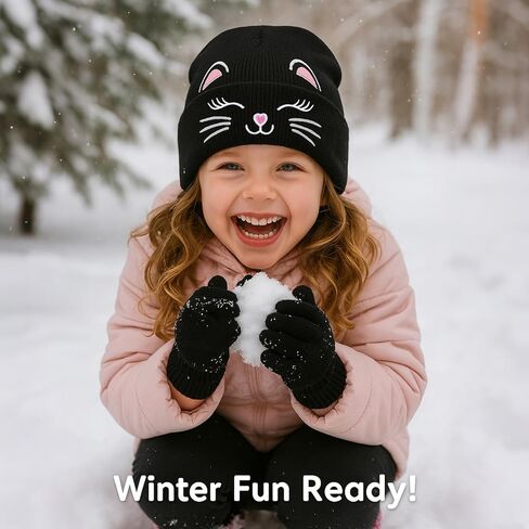 Kids Knit Beanies with Gloves, Boys Girls Embroidery Cat Hat Tractor Beanie Winter Caps for 3-8 Years in Saudi Arabia