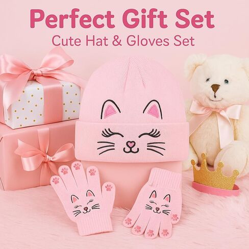 Kids Knit Beanies with Gloves, Boys Girls Embroidery Cat Hat Tractor Beanie Winter Caps for 3-8 Years in Saudi Arabia