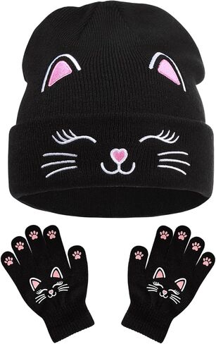 Kids Knit Beanies with Gloves, Boys Girls Embroidery Cat Hat Tractor Beanie Winter Caps for 3-8 Years in Saudi Arabia