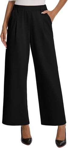 Womens Dress Wide Leg Pants Pull On Stretchy Work Pants High Waisted Business Causal Palazzos Trousers with Pockets in Saudi Arabia