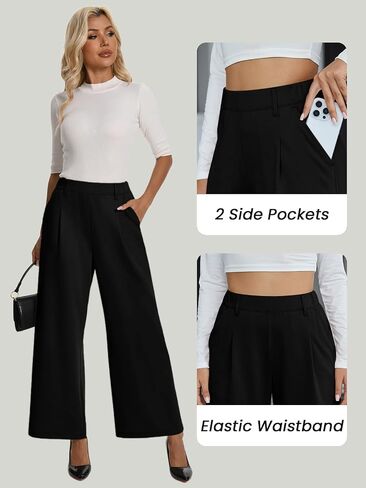 Womens Dress Wide Leg Pants Pull On Stretchy Work Pants High Waisted Business Causal Palazzos Trousers with Pockets in Saudi Arabia