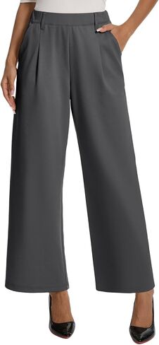 Womens Dress Wide Leg Pants Pull On Stretchy Work Pants High Waisted Business Causal Palazzos Trousers with Pockets in Kuwait