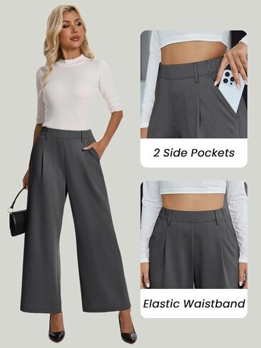 Womens Dress Wide Leg Pants Pull On Stretchy Work Pants High Waisted Business Causal Palazzos Trousers with Pockets in Kuwait