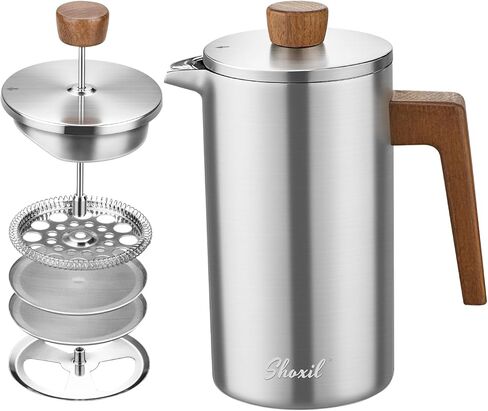 French Press Coffee Maker, 34oz Stainless Steel Green Coffee Press Real Wood Handle, Double Wall Insulated French Coffee Press with Dual-Filter Screen, Perfect for Camping & Kitchen Use in Kuwait