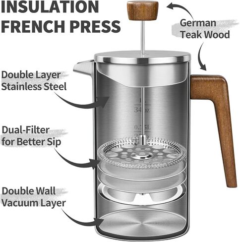 French Press Coffee Maker, 34oz Stainless Steel Green Coffee Press Real Wood Handle, Double Wall Insulated French Coffee Press with Dual-Filter Screen, Perfect for Camping & Kitchen Use in Kuwait