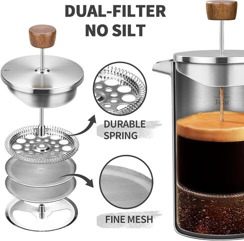 French Press Coffee Maker, 34oz Stainless Steel Green Coffee Press Real Wood Handle, Double Wall Insulated French Coffee Press with Dual-Filter Screen, Perfect for Camping & Kitchen Use in Kuwait