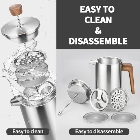 French Press Coffee Maker, 34oz Stainless Steel Green Coffee Press Real Wood Handle, Double Wall Insulated French Coffee Press with Dual-Filter Screen, Perfect for Camping & Kitchen Use in Kuwait