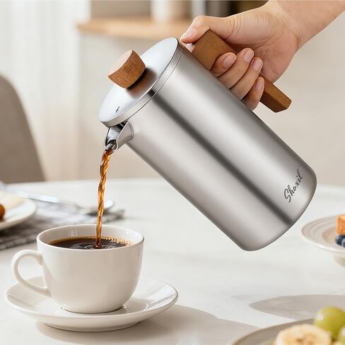 French Press Coffee Maker, 34oz Stainless Steel Green Coffee Press Real Wood Handle, Double Wall Insulated French Coffee Press with Dual-Filter Screen, Perfect for Camping & Kitchen Use in Kuwait