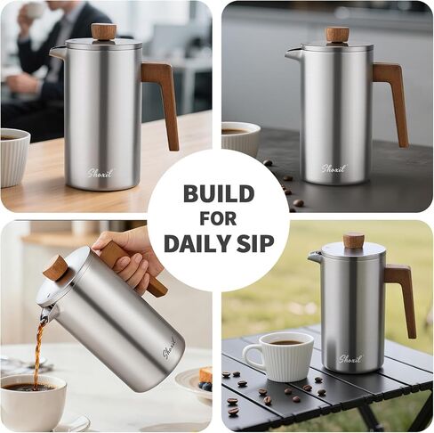 French Press Coffee Maker, 34oz Stainless Steel Green Coffee Press Real Wood Handle, Double Wall Insulated French Coffee Press with Dual-Filter Screen, Perfect for Camping & Kitchen Use in Kuwait