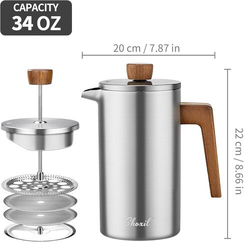 French Press Coffee Maker, 34oz Stainless Steel Green Coffee Press Real Wood Handle, Double Wall Insulated French Coffee Press with Dual-Filter Screen, Perfect for Camping & Kitchen Use in Kuwait