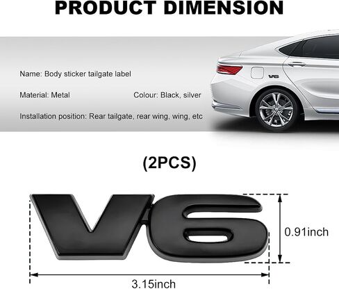 2 PCS V6 Metal Emblem, 3D V6 Nameplate Logo Badge Sticker Car Bumper Decal, Self-Adhesive Metal Emblem Sticker Exterior Decor for Vehicle Trunk Tailgate Side Fender (Black) in Kuwait