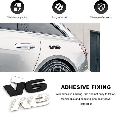 2 PCS V6 Metal Emblem, 3D V6 Nameplate Logo Badge Sticker Car Bumper Decal, Self-Adhesive Metal Emblem Sticker Exterior Decor for Vehicle Trunk Tailgate Side Fender (Black) in Kuwait